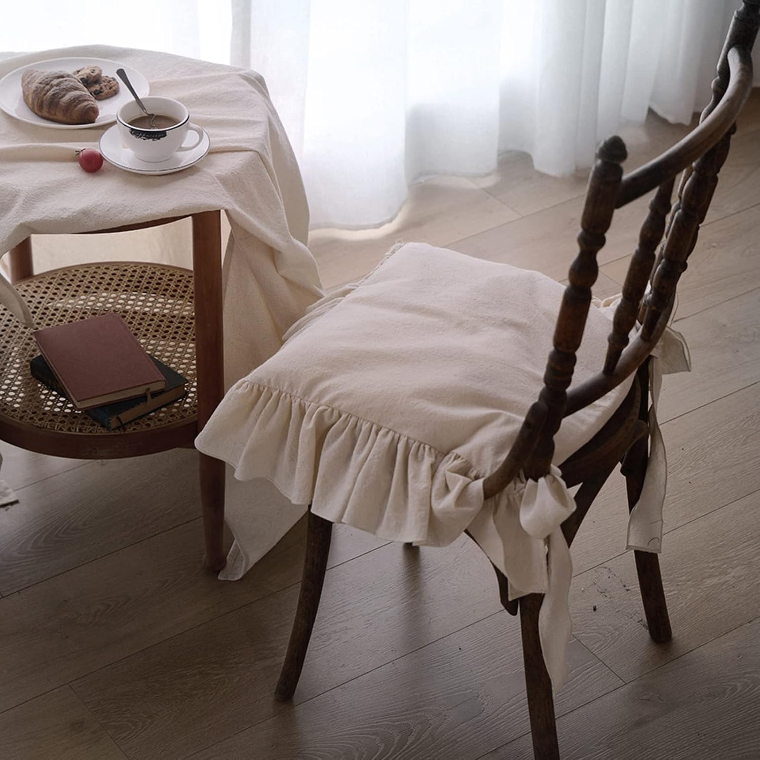 Ruffled Chair Cushions with Ties Elegant Vintage Cotton Chair Pads Soft Cotton Filled Seat Cushion for Farmhouse Home Kitchen Dining,Flesh,37 * 37cm - Image 1