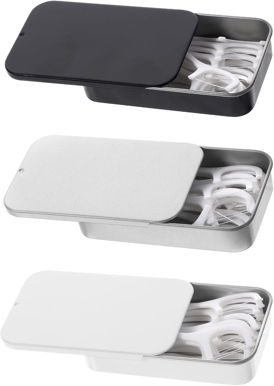 3 Pack Travel Floss Picks Case, Dental Floss Picks Travel Case Metal Storage Box for Flosser Pill Oral Care (Black, White, Silver) - Image 1