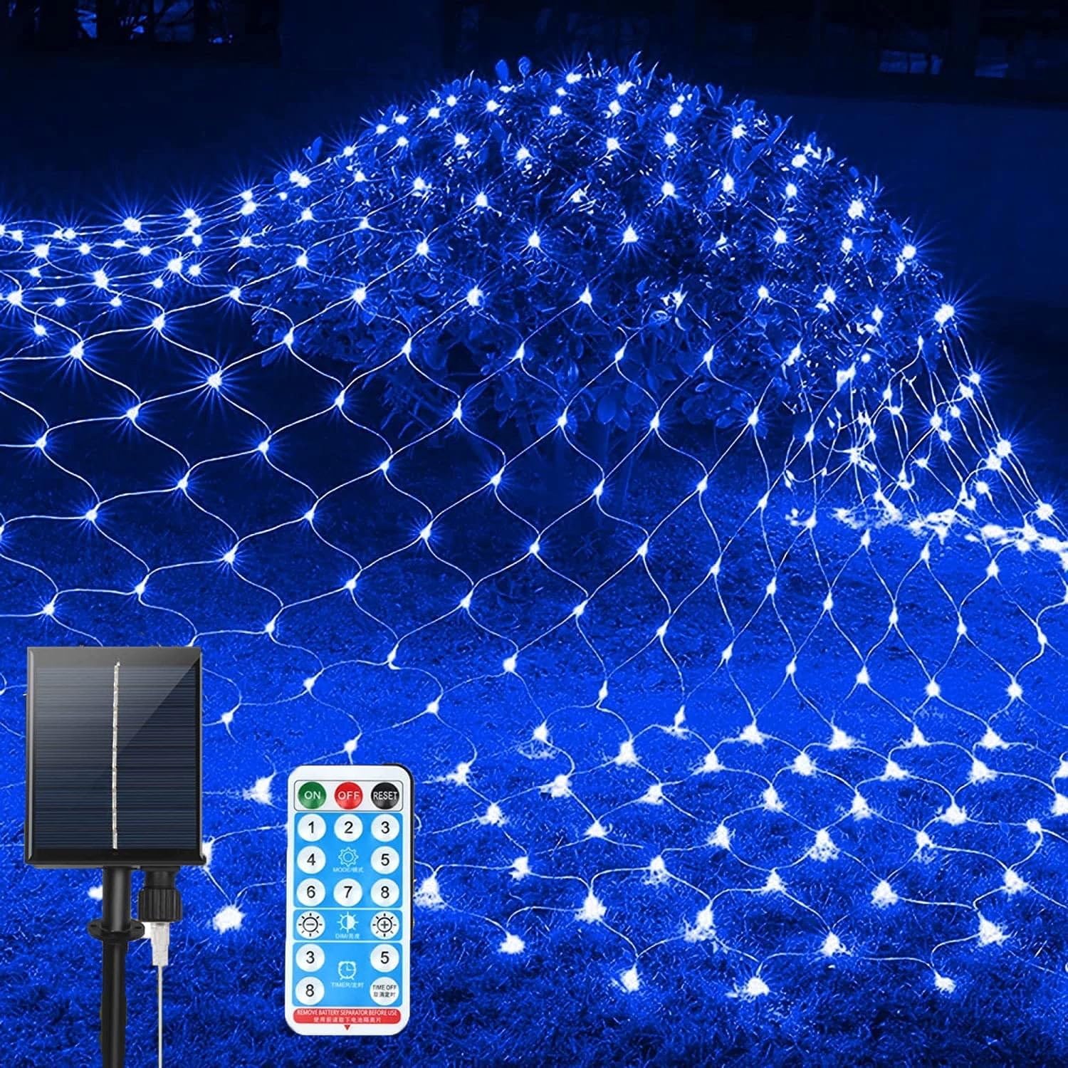Solar Net Mesh String Lights, 9.8ft x 6.6ft 192 LED Outdoor Waterproof LED Decorative Lights with Remote for Party Christmas Holiday Garden Patio, Blue - Image 1