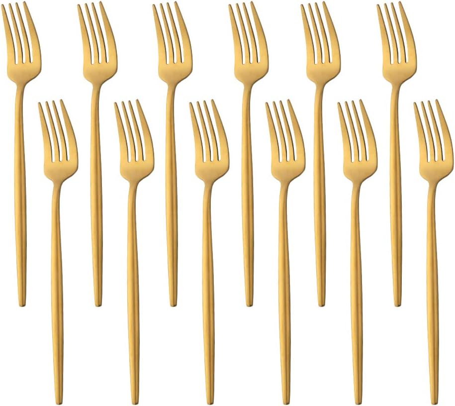 12 PCS Modern Stainless Steel Dinnerware Flatware Set, Reusable Popular Dinner Fork, Widely Use on Home, Restaurant, Party, 8.6 Inch, Gold - Image 1