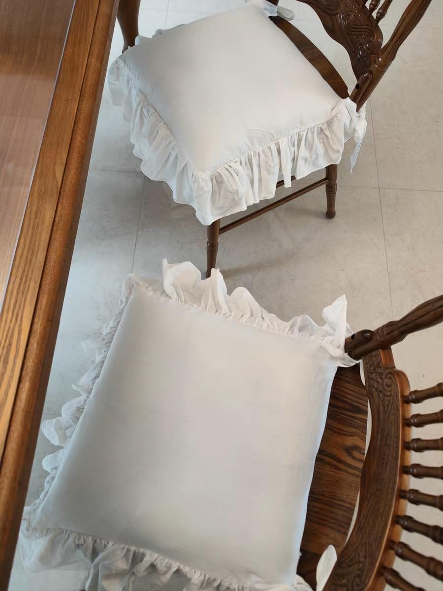 Farmhouse Indoor Chair Cushions for Dining Non-Slip Rocking Chair Cushions with Zipper Ruffled Cotton Seat Cushion for Kitchen White Retro Chair Pads with Ties 14.5''×14.5'' - Image 4