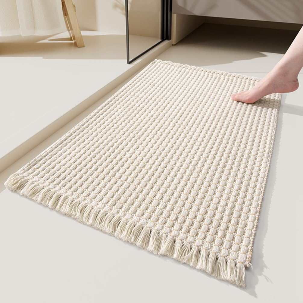 Soft Microfiber Farmhouse Bathroom Rug Washable Kitchen Mats Woven Non Slip Small Bath Mat with Pure Tassels,Tufted Braided Bath Rug for Entryway Doormat Laundry Room(20