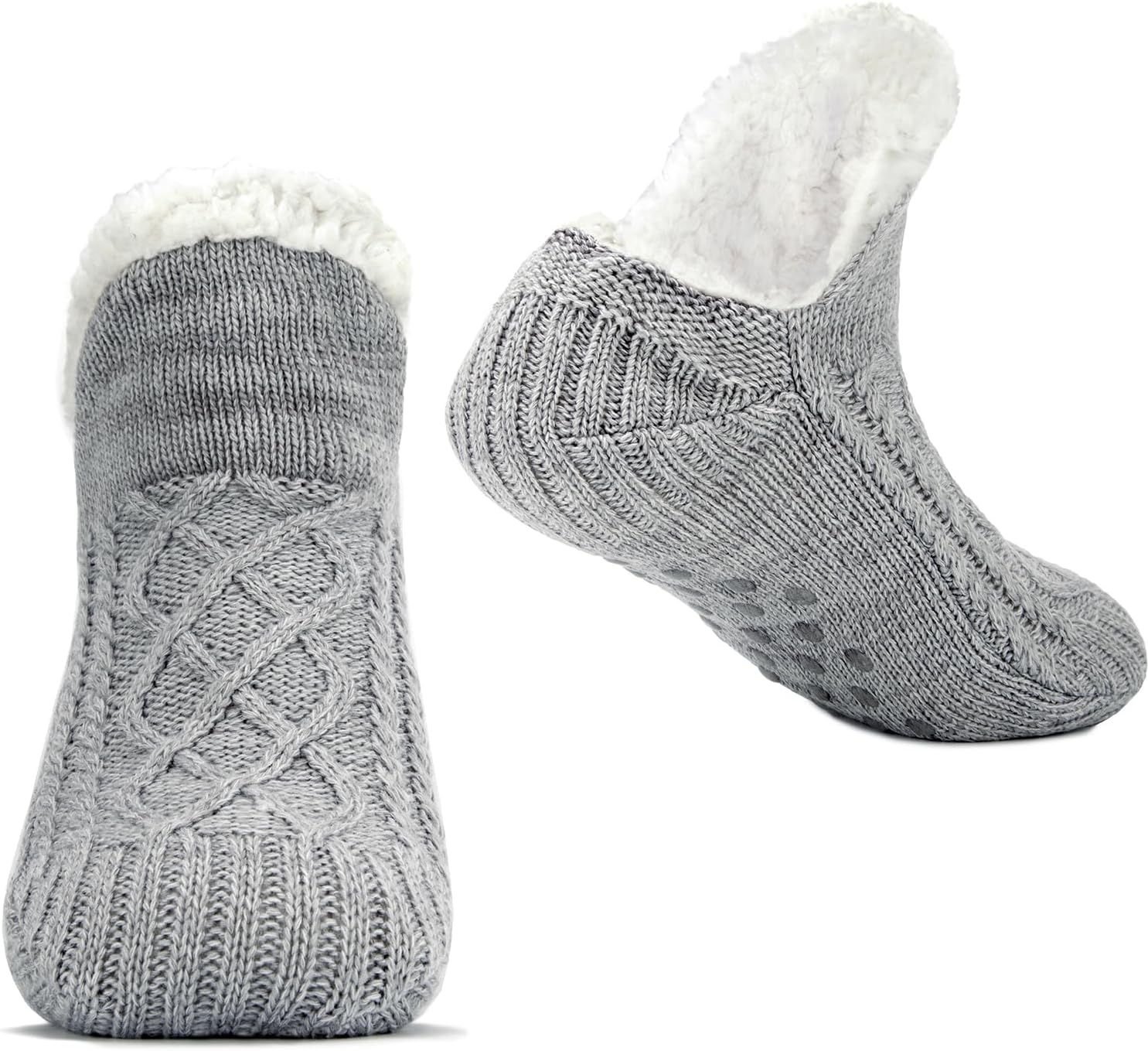Women Knitted Slipper Socks Cozy Sherpa Fuzzy Non Slip Winter Indoor Double Layer Bedroom Grey Medium Wide - Image 1