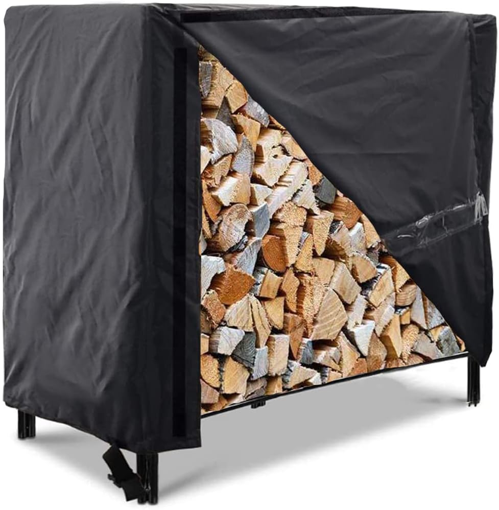 Firewood Log Rack Cover 4ft / 8ft Heavy Duty Waterproof Wood Pile Outdoor Patio Garden Fireplace Holder Fire Storage Covers (4FT: 48