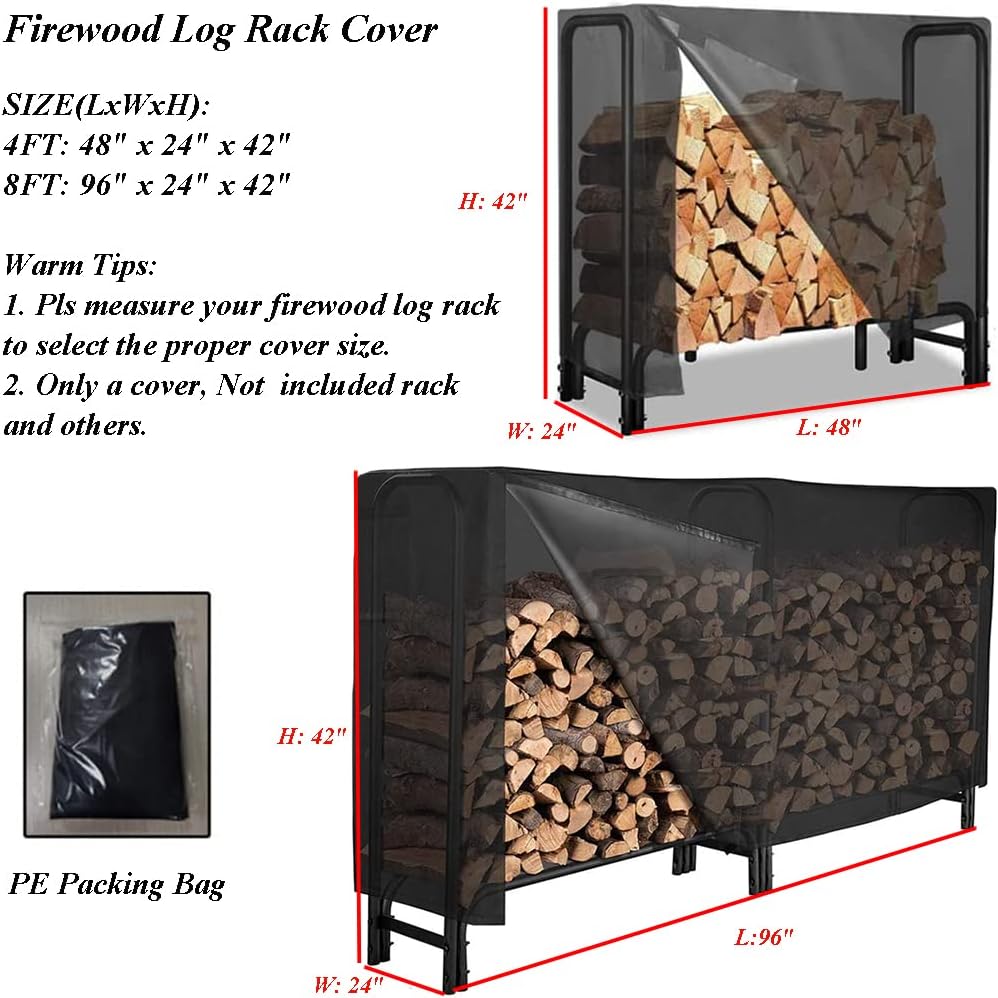 Firewood Log Rack Cover 4ft / 8ft Heavy Duty Waterproof Wood Pile Outdoor Patio Garden Fireplace Holder Fire Storage Covers (4FT: 48