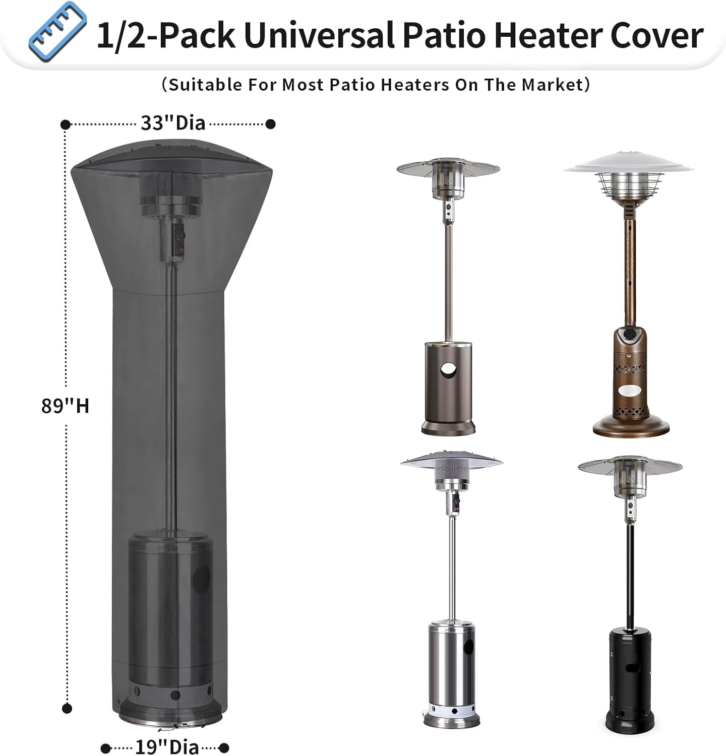 OutdoorLines Waterproof Outdoor Patio Heater Covers with Zipper and Storage Bag, Dust-proof UV-Resistant Windproof Propane Heavy Duty Heater Cover for Standing Heater, 1 Pack-89Hx33Dx19B inch Black - Image 3