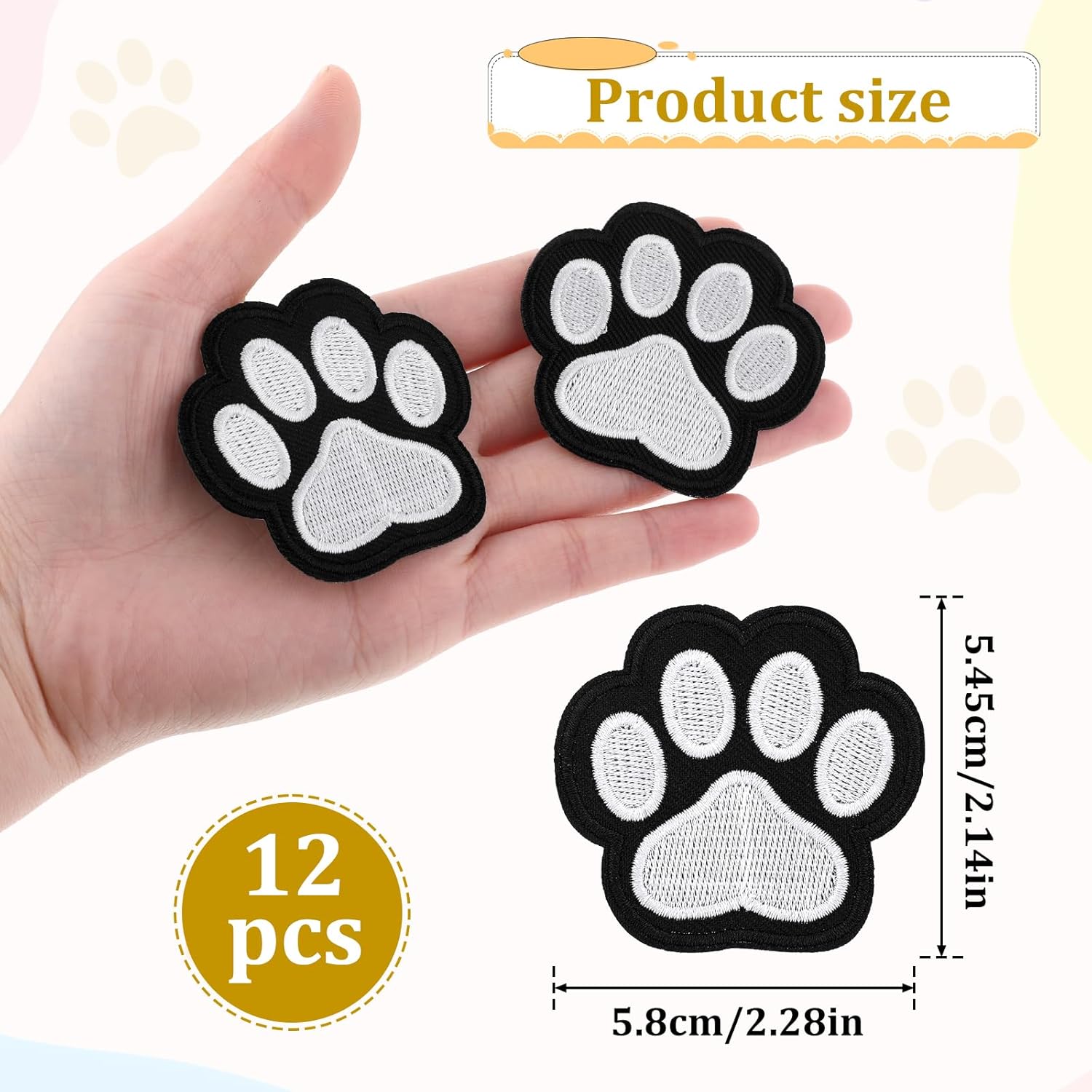 12 Pcs Cute Paw Print Iron on Patches, Self Adhesion Paw Print Applique Sewing Chenille Patches Embroidery Applique Patches Badge for Clothes Jeans Backpacks Hats (Black, White) - Image 2