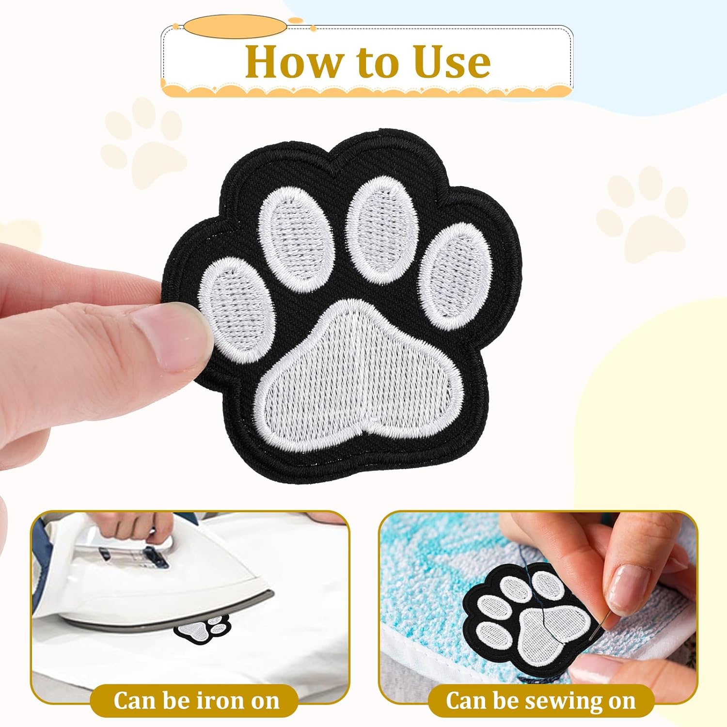 12 Pcs Cute Paw Print Iron on Patches, Self Adhesion Paw Print Applique Sewing Chenille Patches Embroidery Applique Patches Badge for Clothes Jeans Backpacks Hats (Black, White) - Image 4