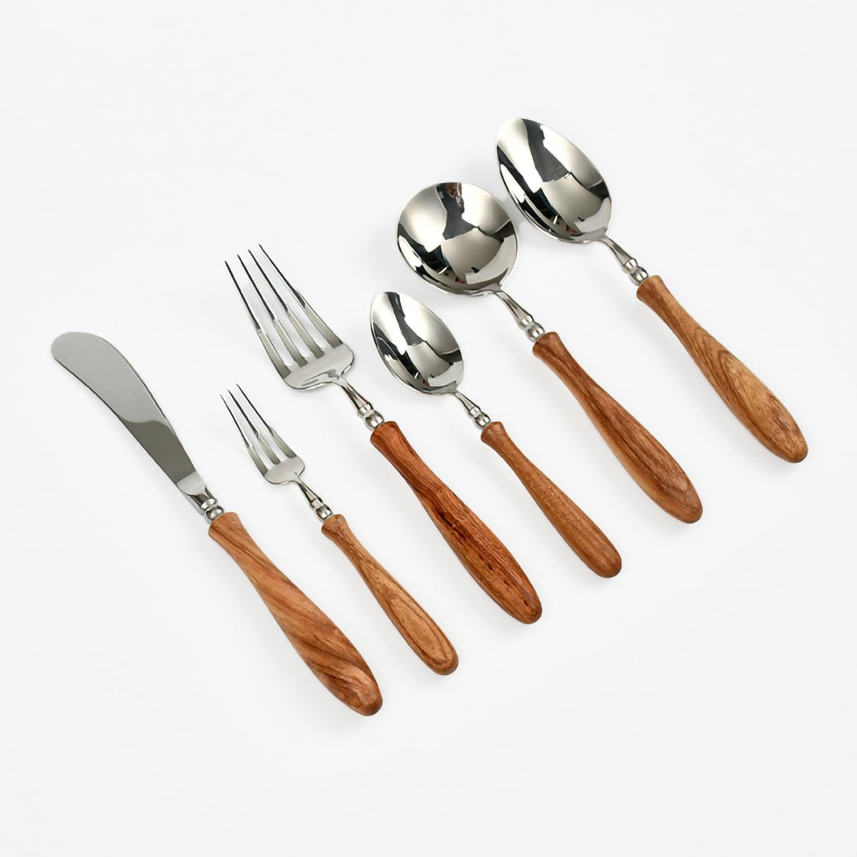 6-Pieces Wood Handle Flatware Set 18/10 Stainless Steel Silverware Cutlery Set with Wooden Handle Kitchen Restaurant Tae Utensil Set Spoons Forks Knives Set Service for 1 - Image 1