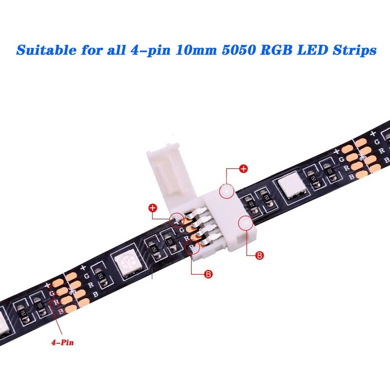 RGB LED Strip Connector Kit, 30pcs, 4-Pin 10mm Solderless Connector, SMD 5050 LED Strip, 20 Gapless 5L 5T Contacts Connector - Image 2
