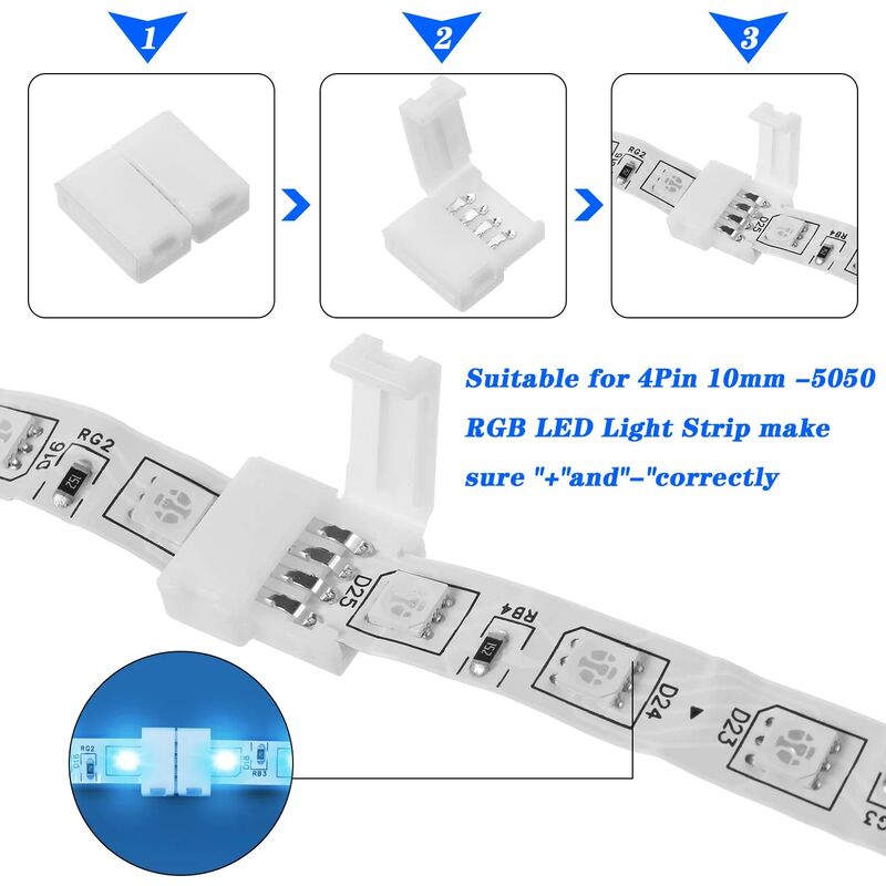 RGB LED Strip Connector Kit, 30pcs, 4-Pin 10mm Solderless Connector, SMD 5050 LED Strip, 20 Gapless 5L 5T Contacts Connector - Image 4