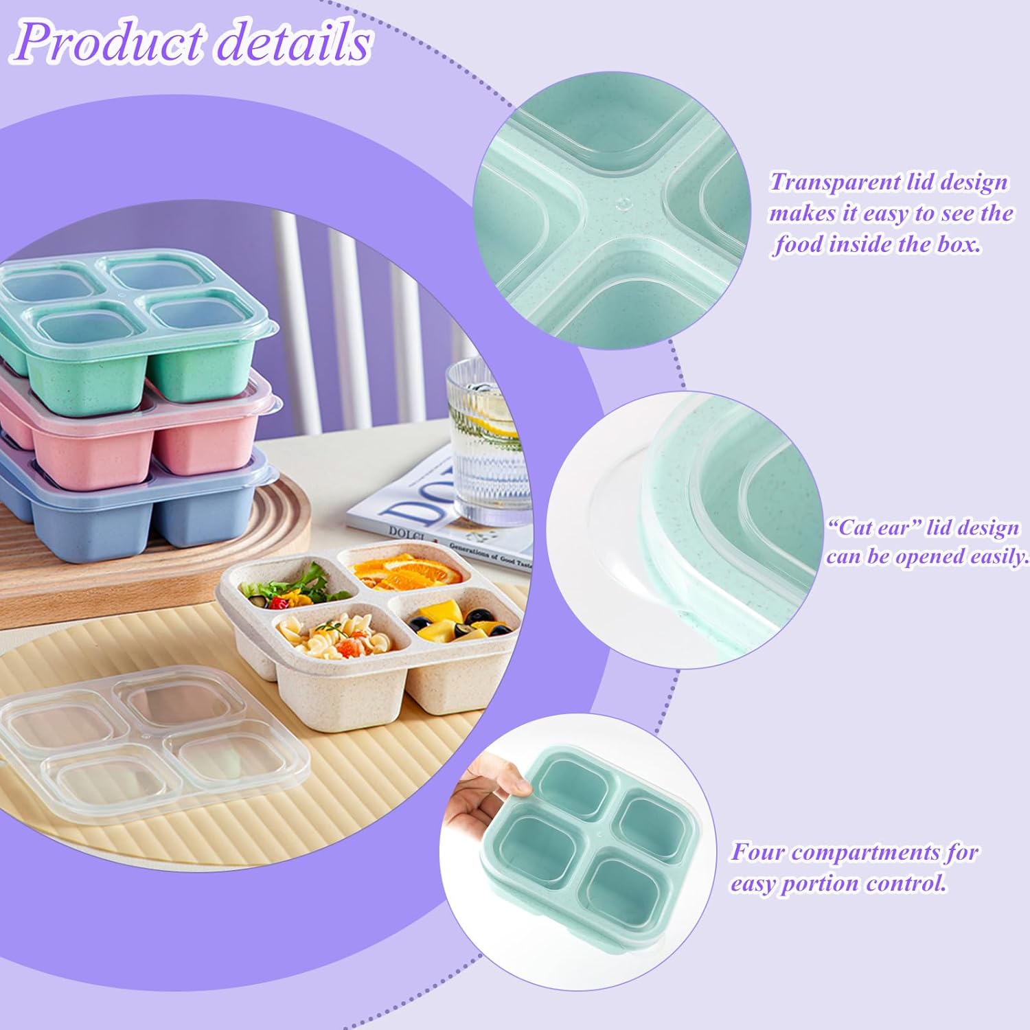 Snack Boxes with Compartments for Kids and Adults 4-Compartment Bento Lunch Boxes 4-Pack - Image 4