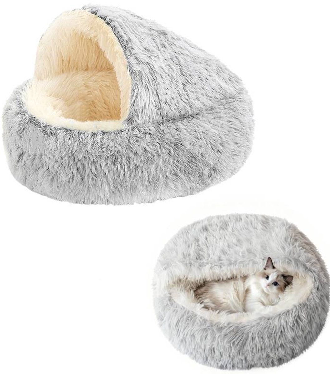 Cat Bed - Cave Cat Basket 40cm - Calming and Anti-Anxiety - For Small Dogs/Cats - Donut - Gray and White - Image 1