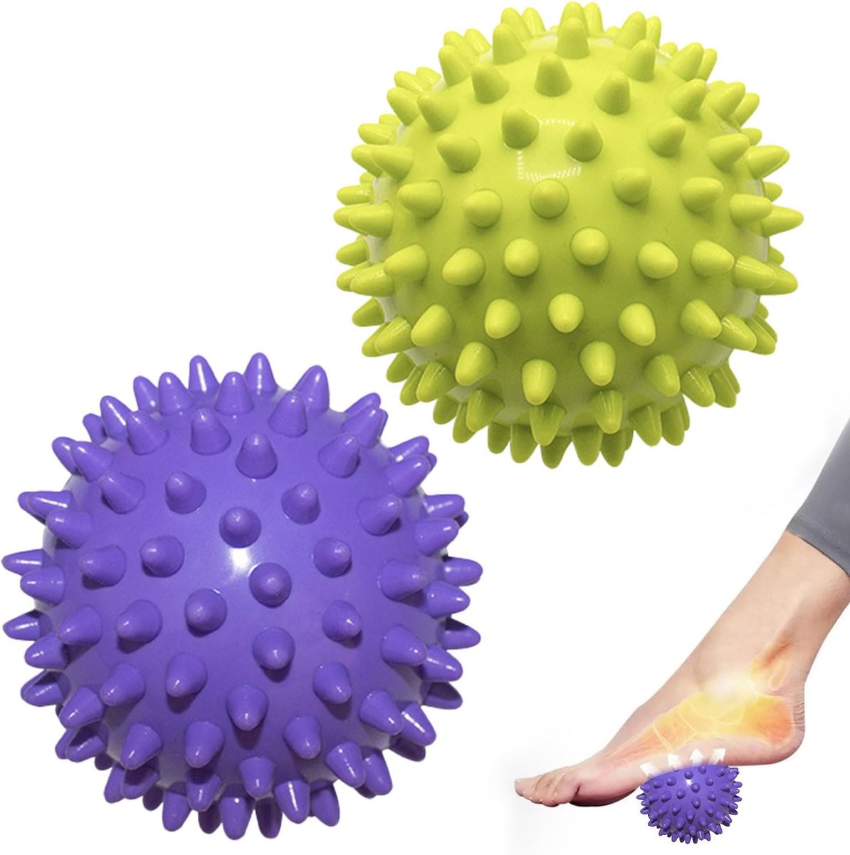 Massage Balls (Set of 2) - Trigger Point Balls - Massage Balls with Relief Points - Pointed Balls - Hedgehog Balls - Massage Balls - Trigger Point Exercise Balls - For Massaging Hand, Leg, Shoulder, Hip and Foot Muscles (Green/Purple 7.5 cm) - Image 1