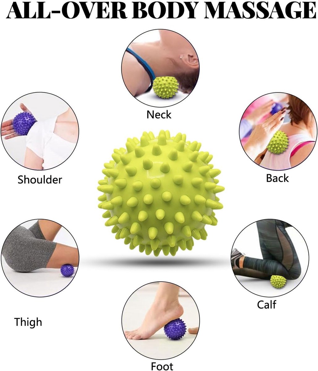 Massage Balls (Set of 2) - Trigger Point Balls - Massage Balls with Relief Points - Pointed Balls - Hedgehog Balls - Massage Balls - Trigger Point Exercise Balls - For Massaging Hand, Leg, Shoulder, Hip and Foot Muscles (Green/Purple 7.5 cm) - Image 4