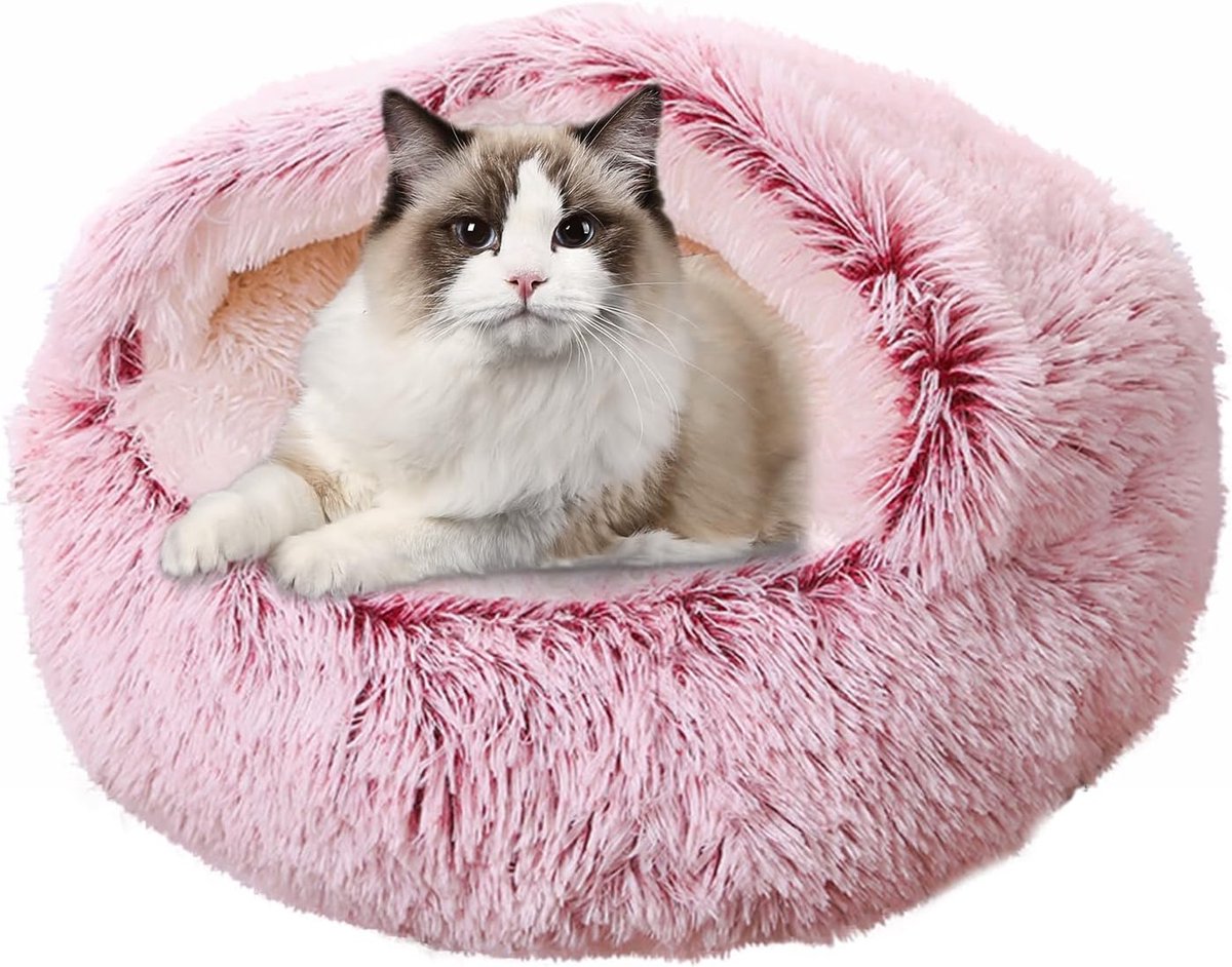 Cat Bed - Cave Cat Basket 40cm - Calming and Anti-Anxiety - For Small Dogs/Cats - Donut - Pink - Image 1