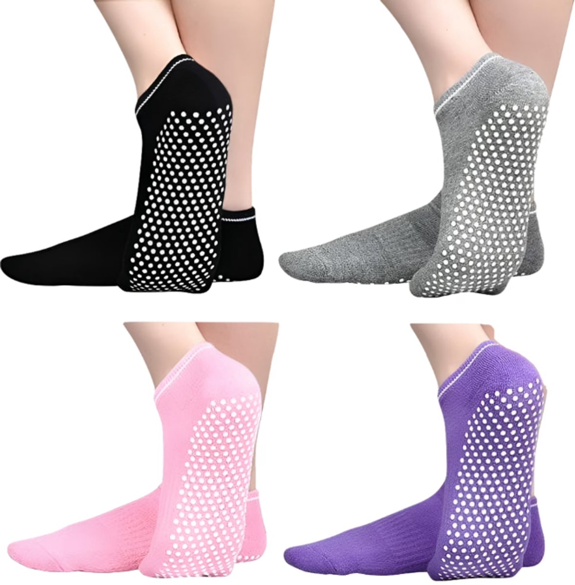 Non-slip socks - Pack of 4 pairs - Yoga and trampoline socks - Non-slip texture - Suitable for family use (black + light gray + pink + purple) - Image 1