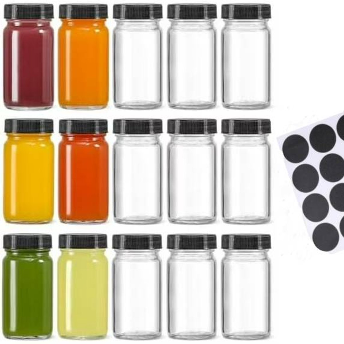 Glass Jars with Lids - 15 x 2 oz Jars - Includes 15 Labels - Clear - Perfect for Ginger Smoothies, Health Drinks, Juices, etc. - Travel Essential - Wide Mouth Design - Leak-Proof - Dishwasher Safe - Image 1