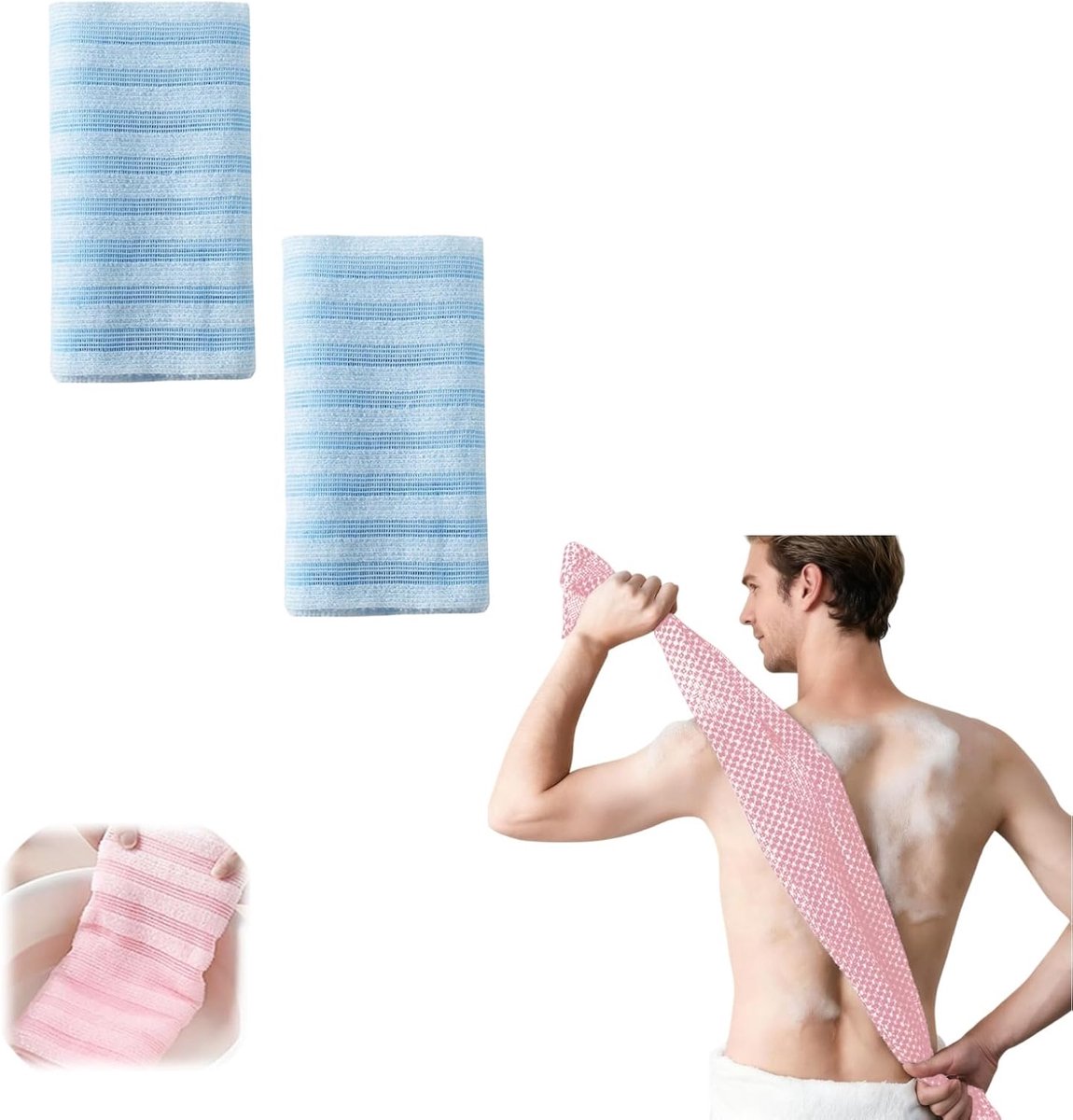 Back Scrubber Set | 2-Piece Exfoliating Shower Towel | Extra Long Exfoliating Washcloth for Men and Women - Scrub Cloth for Body Cleansing and Massage (Blue) - Image 1