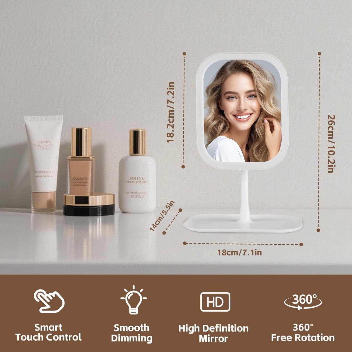 Make-up Mirror with Light - 3 Light Colors - Dimmable - Mirror with Lights - Smart Touch - USB Charging Port - Image 2