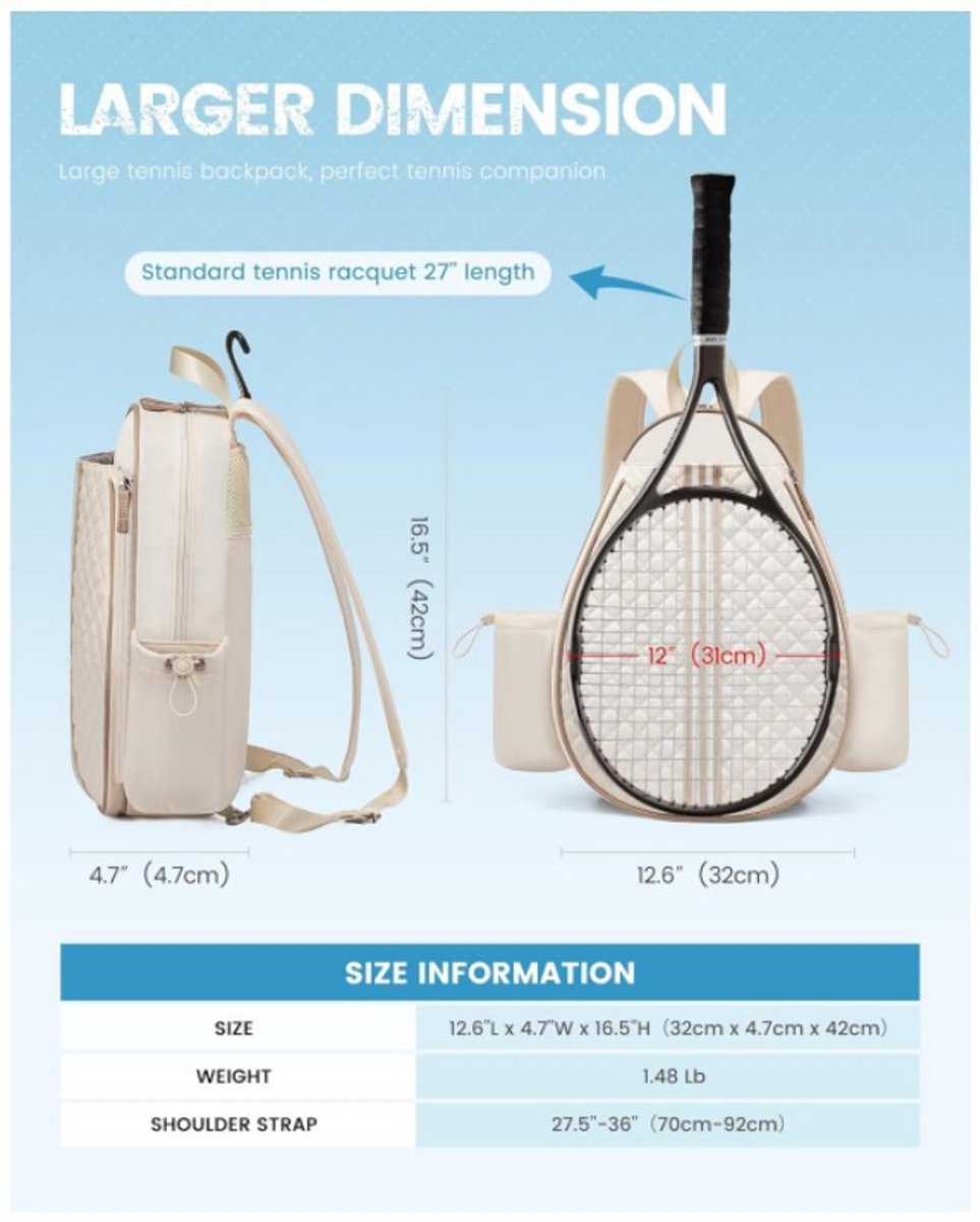 Backpack - Sports Bag - Tennis Bag - Shoulder Bag - Lightweight - Multifunctional - Women's Sports Bag - Men's Sports Bag - Suitable for carrying tennis rackets, tennis balls and badminton shuttlecocks - Large Capacity - Beige - Image 4