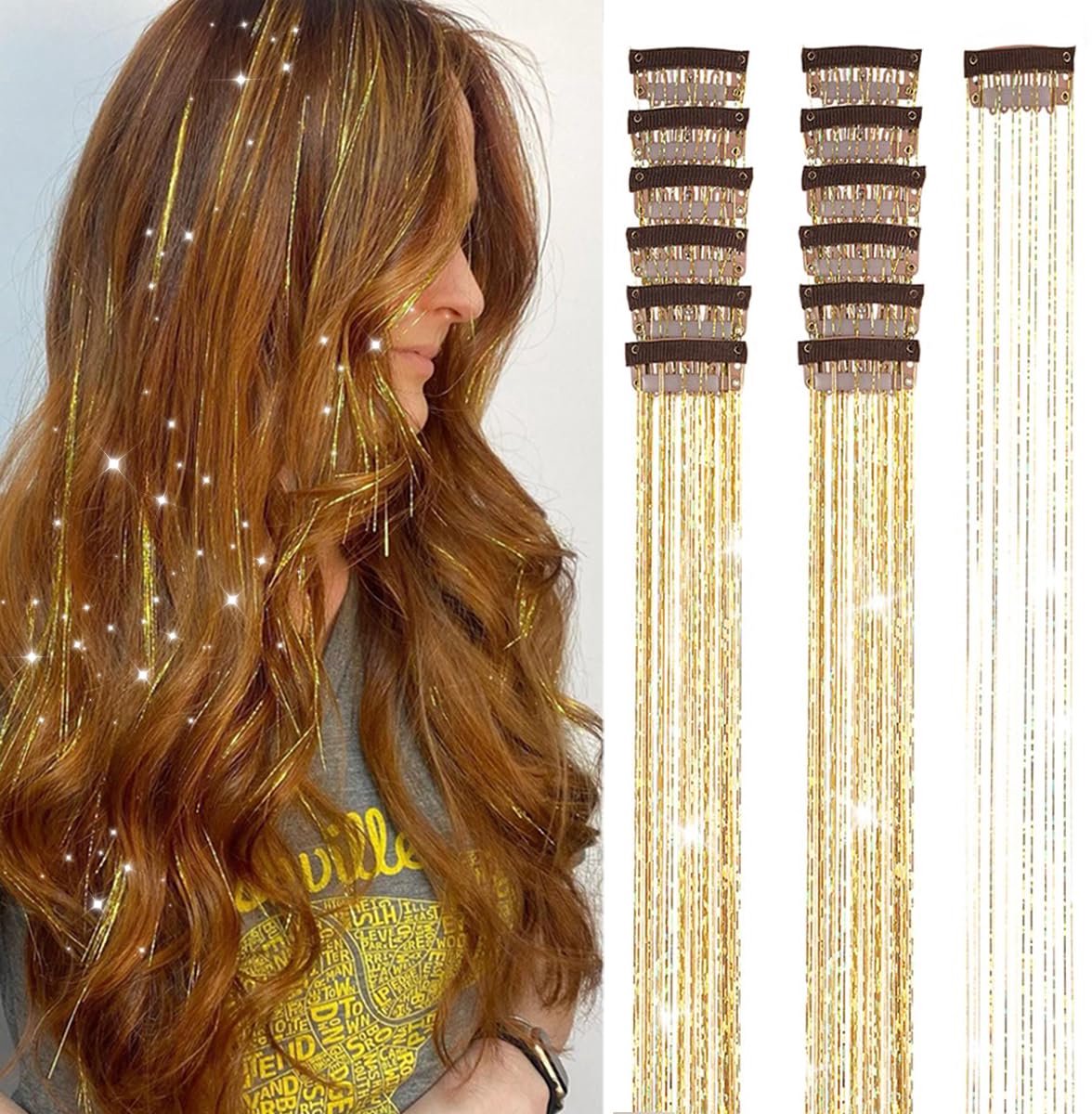 Hair Tinsels - Festival Glitter Hair Extensions - Glittery Hair Extensions - 12-Piece Clip-On Hair Accessory Set - 52cm, for Christmas and New Year, Glittery Hair Extensions, Suitable for Women, Girls and Children (Gold) - Image 1