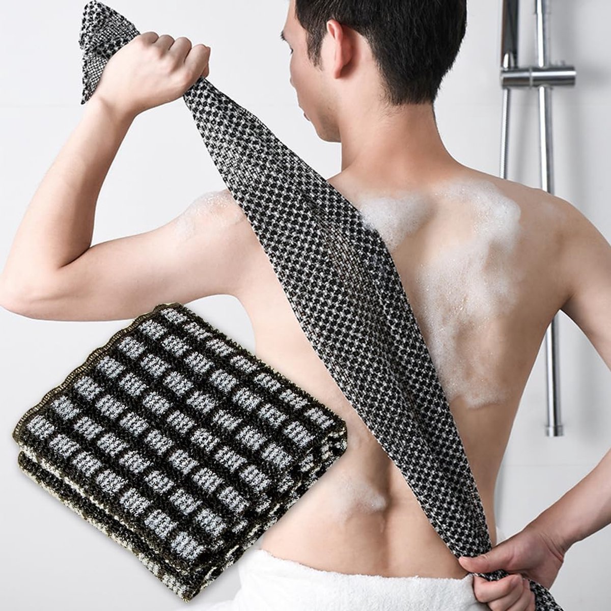 Back Scrubber Set | 2-Piece Exfoliating Shower Towel | Extra Long Exfoliating Washcloth for Men and Women - Scrub Cloth for Body Cleansing and Massage (Black-B) - Image 1