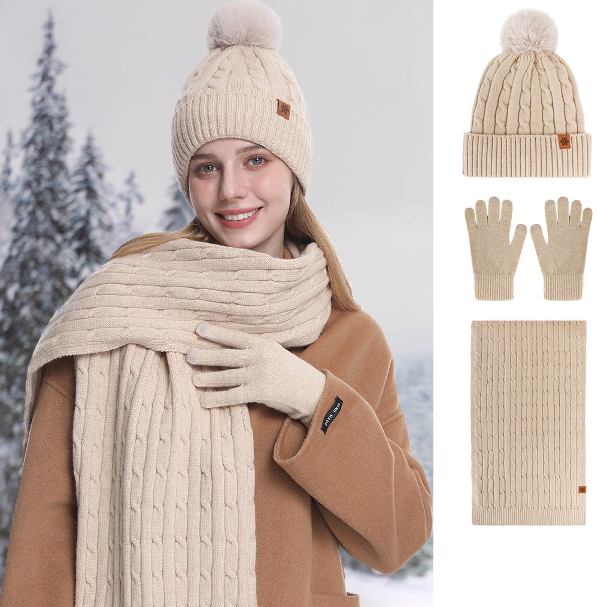 3-in-1 Hat, Scarf & Gloves for Women - Winter Warmth - Cycling Ear Warmers - Knitted Hat, Scarf & Gloves - Beige - Christmas Gift - Birthday Gift - Image 1