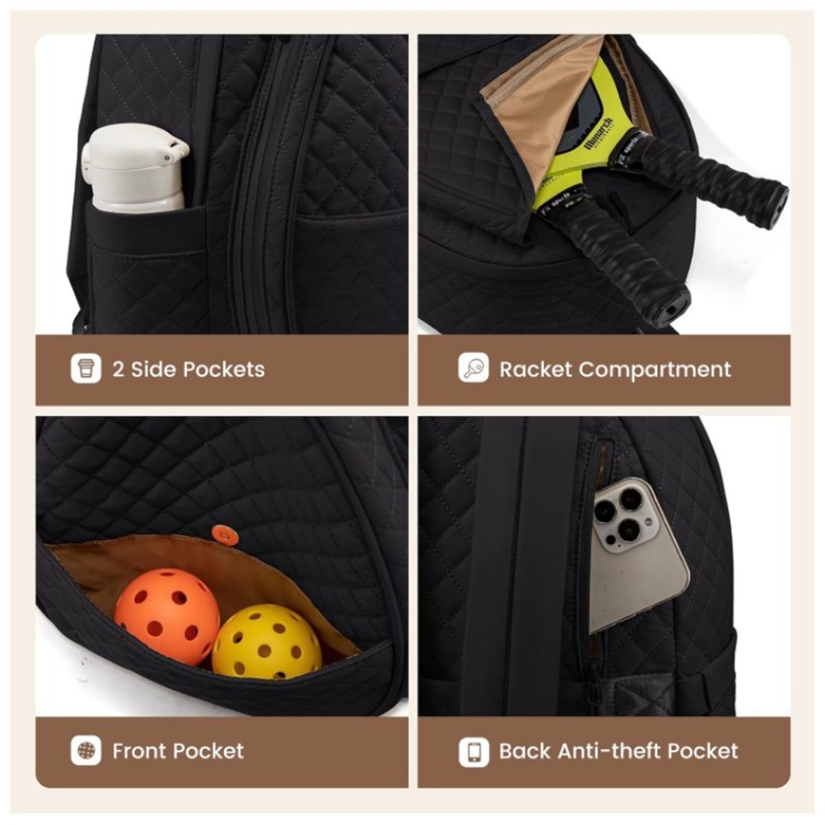 Backpack - Tennis Shoulder Crossbody Bag - Sports Bag - Waterproof Racket Bag - Suitable for Pickles and Badminton - Black - Image 2