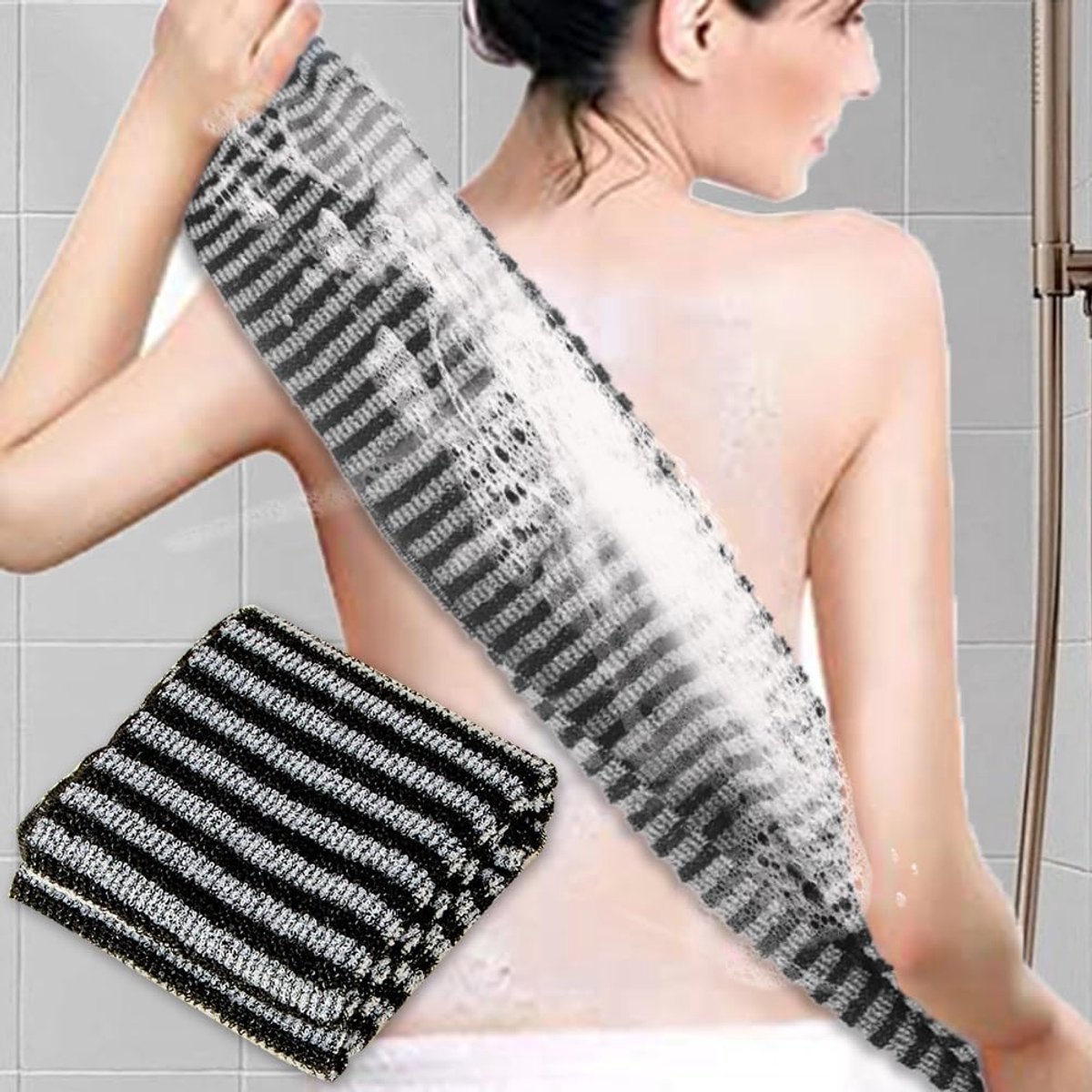 Back Scrubber Set | 2-Piece Exfoliating Shower Towel | Extra Long Exfoliating Washcloth for Men and Women - Scrub Cloth for Body Cleansing and Massage (Black-A) - Image 1