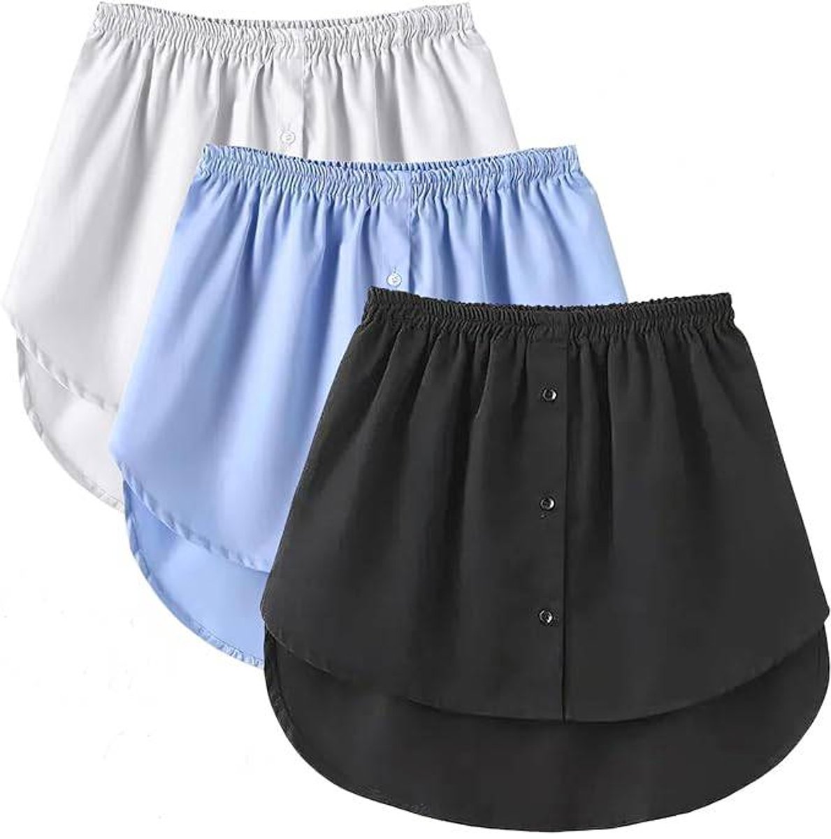 3-Piece Clothing Extender - Suitable for women's shirts - Adjustable layered tops - Midi skirts - Layered underwear - Black, white and blue (size L) - Image 1