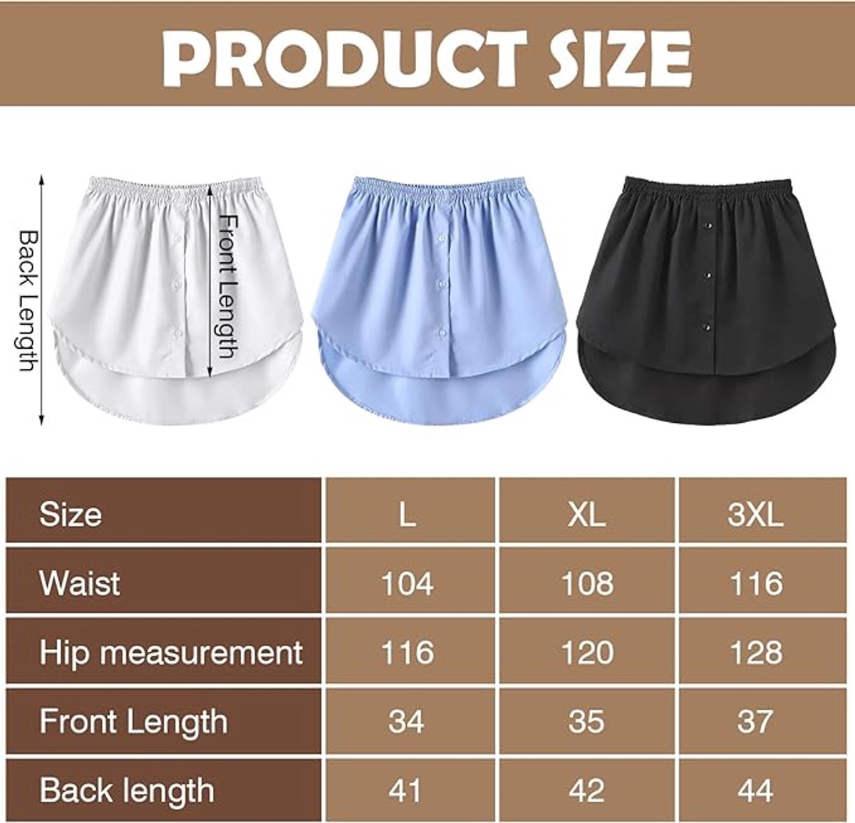 3-Piece Clothing Extender - Suitable for women's shirts - Adjustable layered tops - Midi skirts - Layered underwear - Black, white and blue (size L) - Image 3