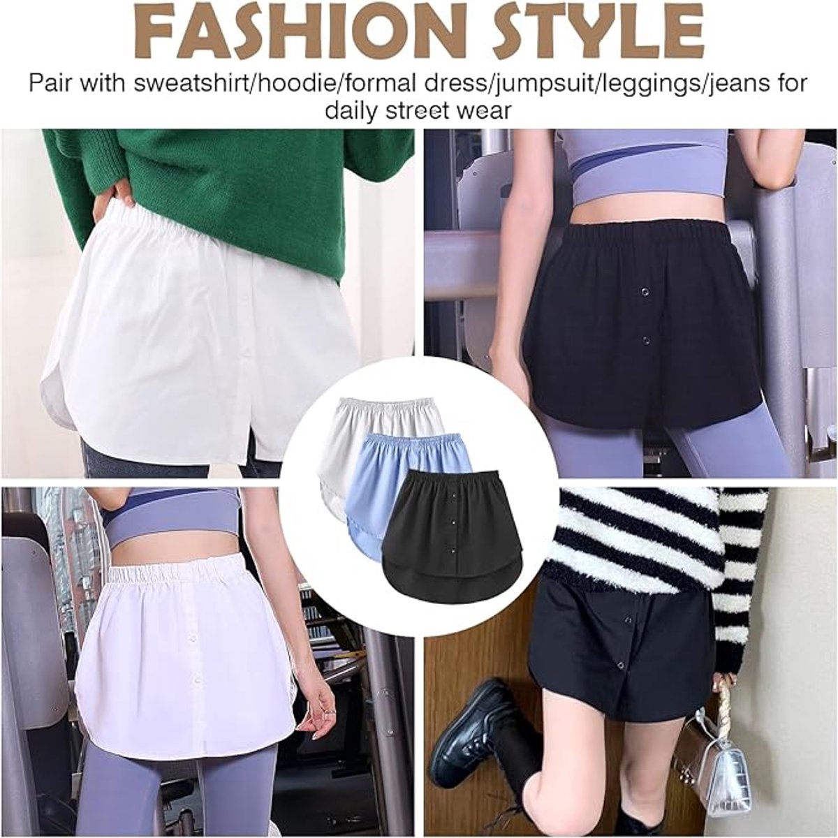 3-Piece Clothing Extender - Suitable for women's shirts - Adjustable layered tops - Midi skirts - Layered underwear - Black, white and blue (size L) - Image 6