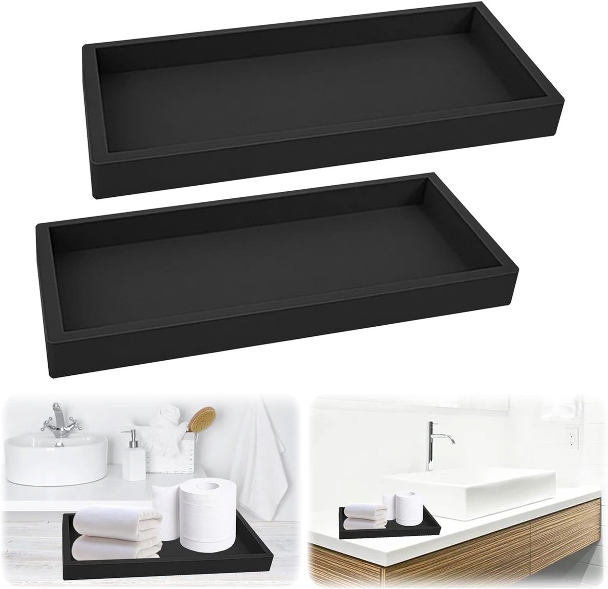 Tray - Set of 2 - Dressing table tray - Bathroom storage tray - Cosmetics storage tray - Bathroom storage box - Suitable for storing candles, soap, towels, perfume, etc. - Black - 20x10x1.8 cm - Image 1