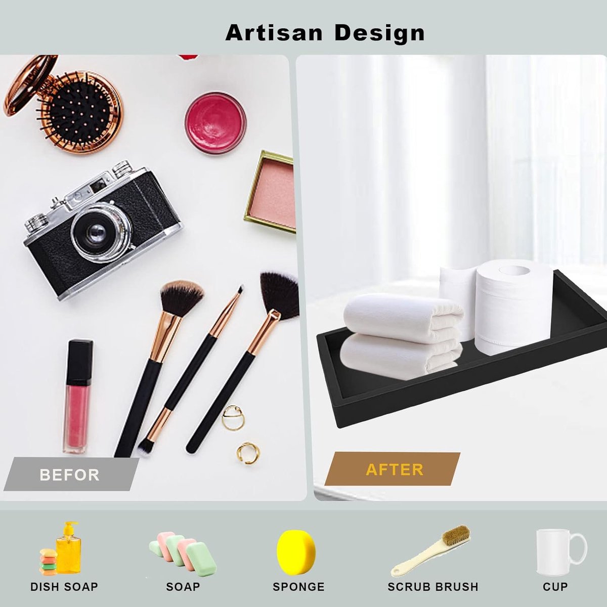 Tray - Set of 2 - Dressing table tray - Bathroom storage tray - Cosmetics storage tray - Bathroom storage box - Suitable for storing candles, soap, towels, perfume, etc. - Black - 20x10x1.8 cm - Image 2