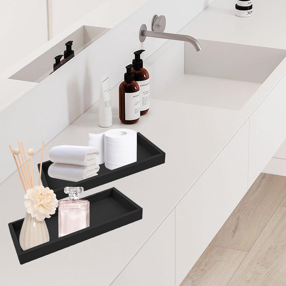 Tray - Set of 2 - Dressing table tray - Bathroom storage tray - Cosmetics storage tray - Bathroom storage box - Suitable for storing candles, soap, towels, perfume, etc. - Black - 20x10x1.8 cm - Image 4