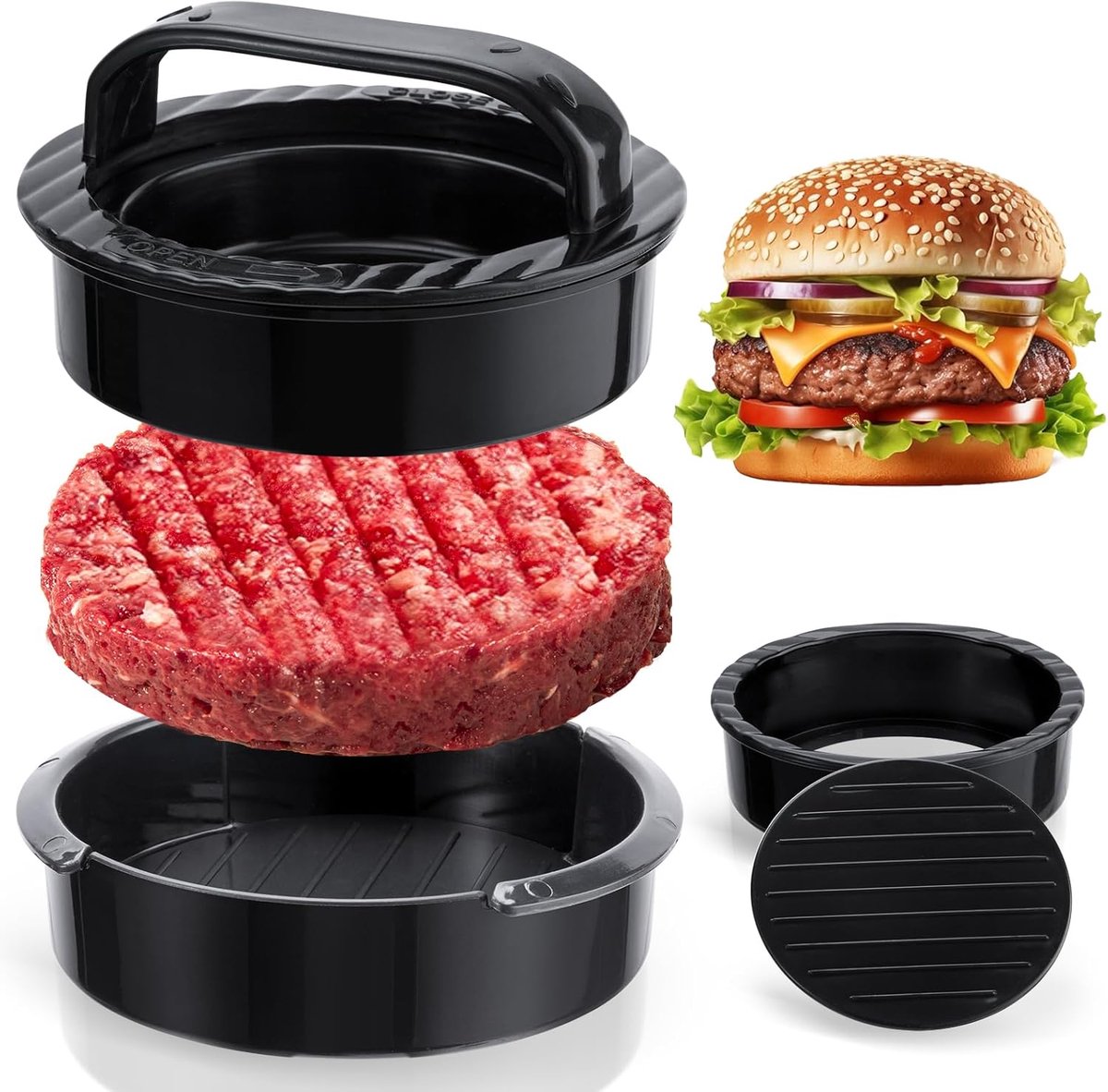 3-in-1 Hamburger and Hamburger Press - Hamburger Mold - Non-stick, Durable Patty Maker for Stuffed Burgers and Sliders - Easy to Clean - Black - Image 1