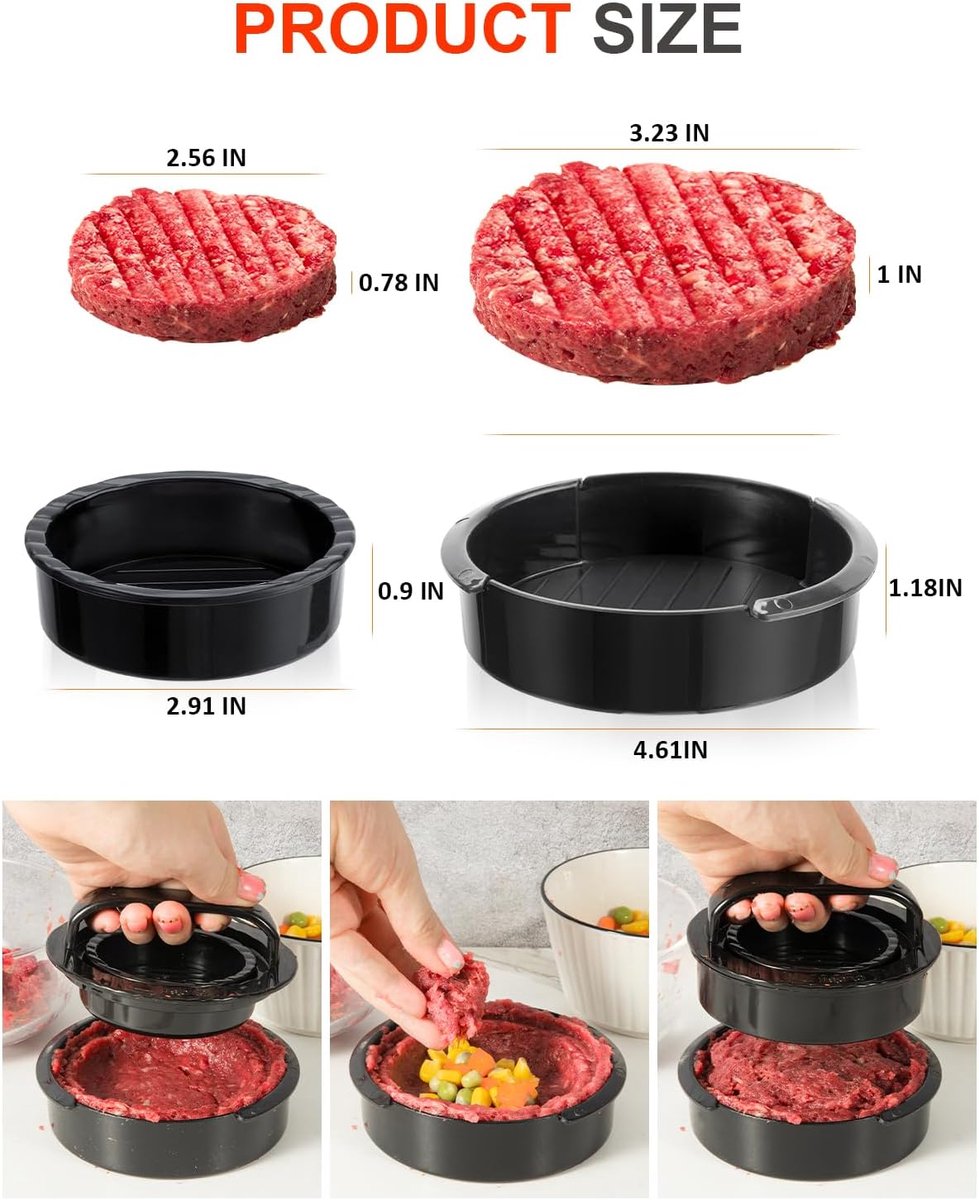 3-in-1 Hamburger and Hamburger Press - Hamburger Mold - Non-stick, Durable Patty Maker for Stuffed Burgers and Sliders - Easy to Clean - Black - Image 8