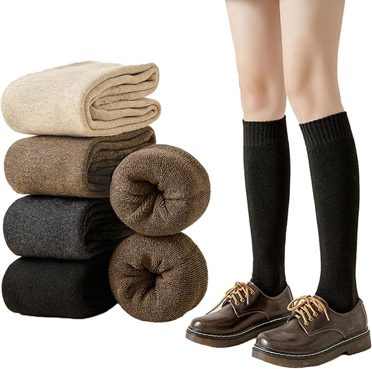 4 pairs of knee socks for women - winter socks - thermal socks for women - knitted socks - winter socks and boots - black/dark gray/coffee/oatmeal - sizes 35-40 - Image 1
