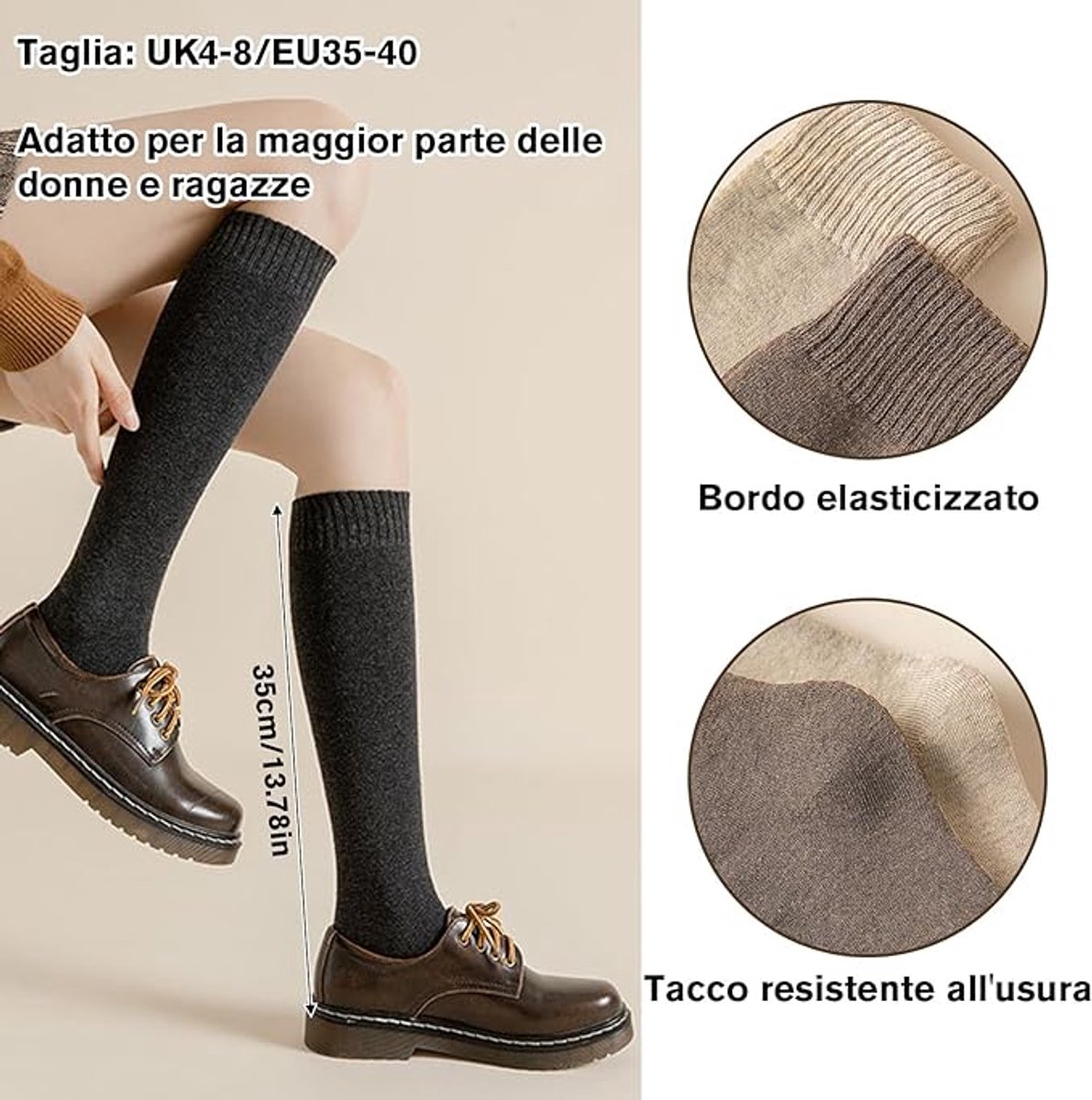 4 pairs of knee socks for women - winter socks - thermal socks for women - knitted socks - winter socks and boots - black/dark gray/coffee/oatmeal - sizes 35-40 - Image 2