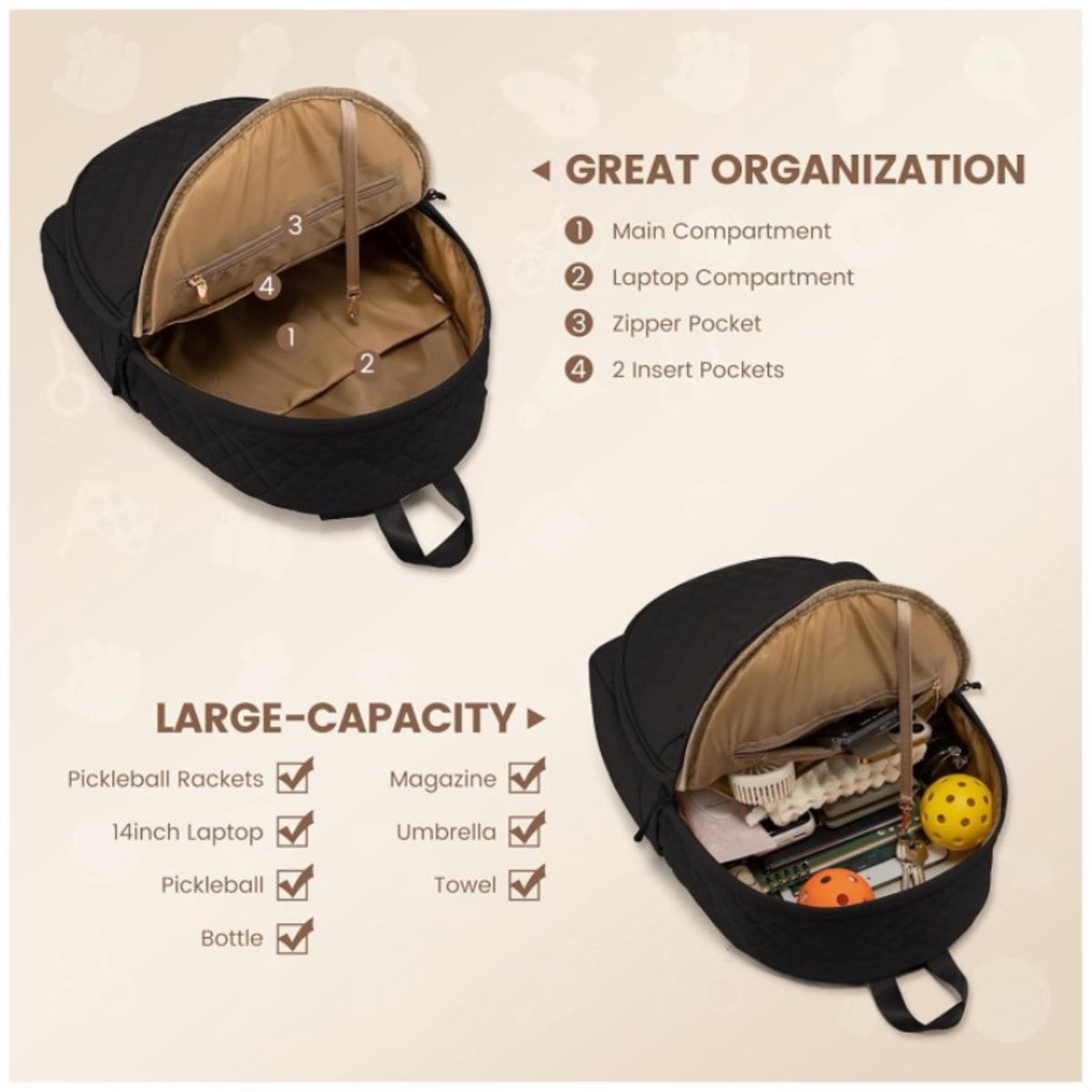 Backpack - Tennis Shoulder-Crossbody Bag - Sports Bag - Waterproof Racket Bag - Suitable for Pickles and Badminton - Off-White - Image 3