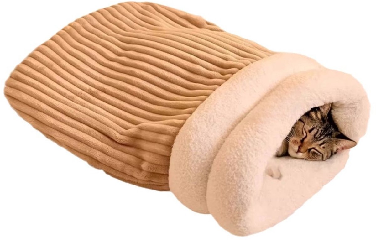 Cat Bed - Cave Cat Basket - Winter Sleeping Bag for Pets - Soft Plush Cat Bed - Suitable for Indoor Cats, Kittens and Dogs (Beige, L-54*45cm) - Image 1