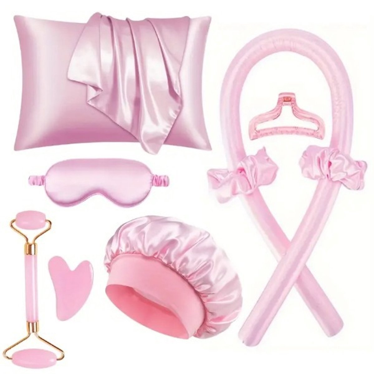 Hair Rollers - 9-Piece - Heatless Curling Iron - Heatless Curls - Curls without Heat - Includes Hair Clip and Satin Sleep Cap (Pink) - Image 1
