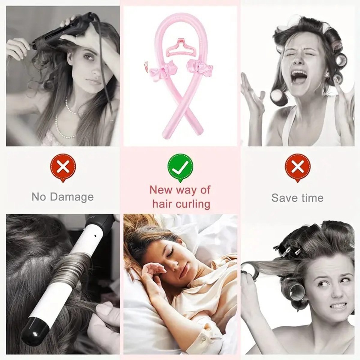Hair Rollers - 9-Piece - Heatless Curling Iron - Heatless Curls - Curls without Heat - Includes Hair Clip and Satin Sleep Cap (Pink) - Image 2