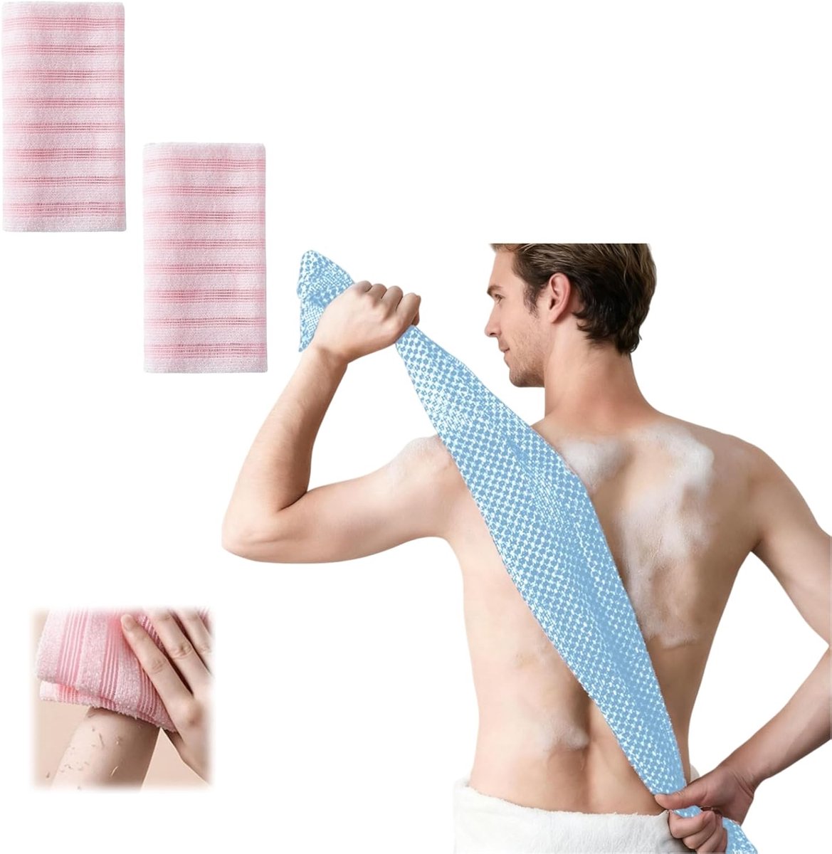 Back Scrubber Set | 2-Piece Exfoliating Shower Towel | Extra Long Exfoliating Washcloth for Men and Women - Scrub Cloth for Body Cleansing and Massage (Pink) - Image 1
