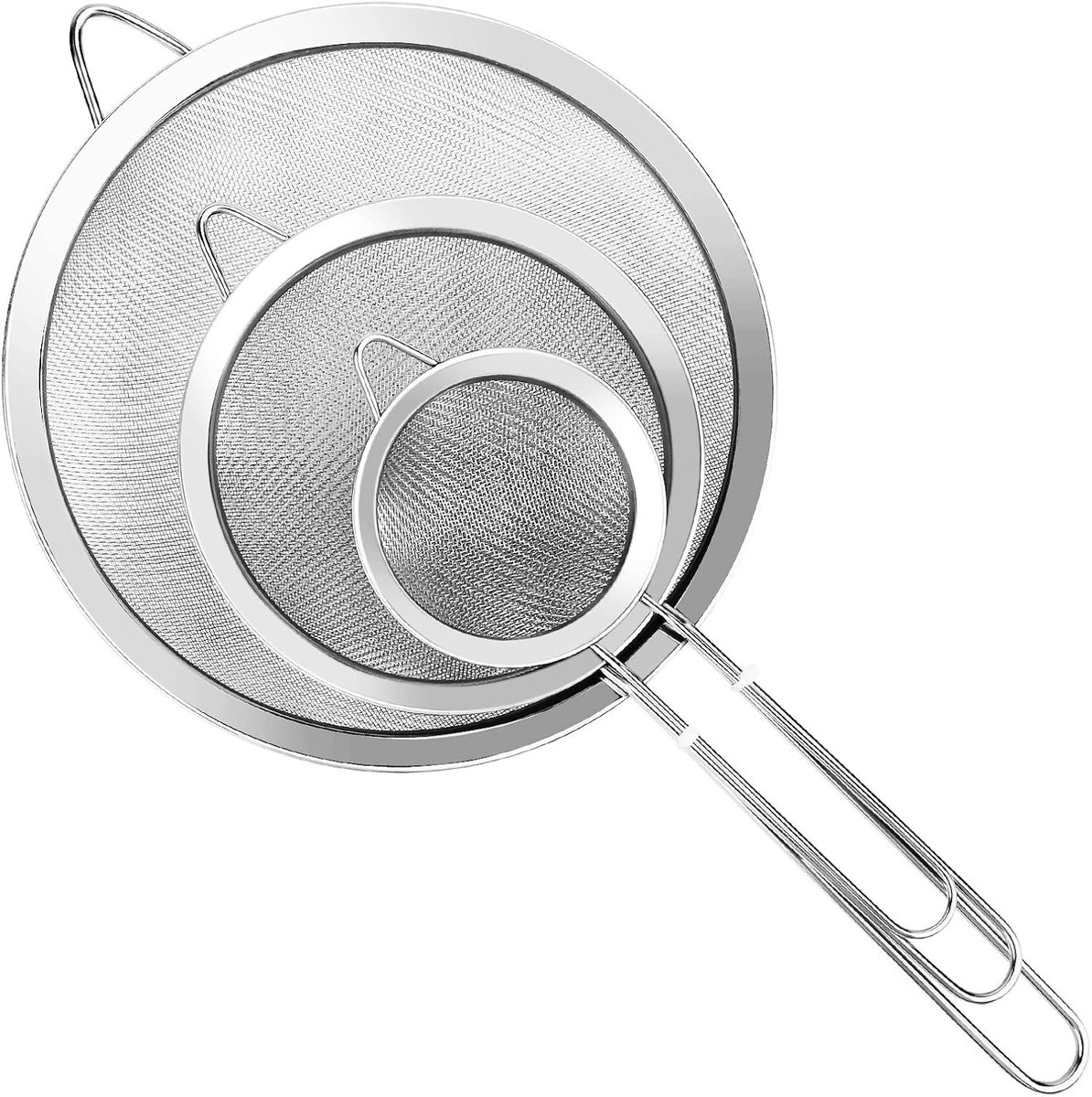 Three-Piece Ultra Fine Metal Sieve Set - with Handles - Sizes Small, Medium & Large - Made of Stainless Steel - Suitable for Kitchen, Rice, Juice, Quinoa, Food, Flour & Baking. - Image 1