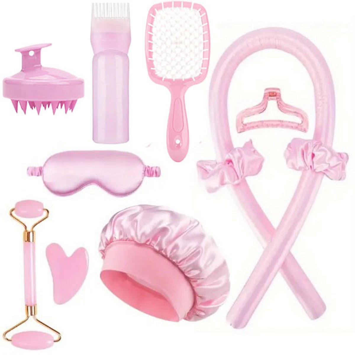 Hair Rollers - 11-Piece - Heatless Curling Iron - Heatless Curls - Curls without Heat - Includes Hair Clip and Satin Sleep Cap (Pink) - Image 1