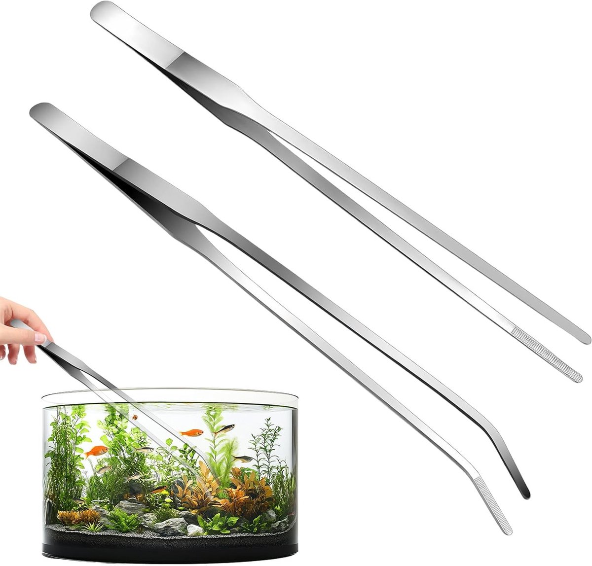 2-pack curved aquarium tweezers - Straight and curved tweezers - 27 cm long stainless steel tweezers - Suitable for lizards, spiders, fish and aquariums - Image 1