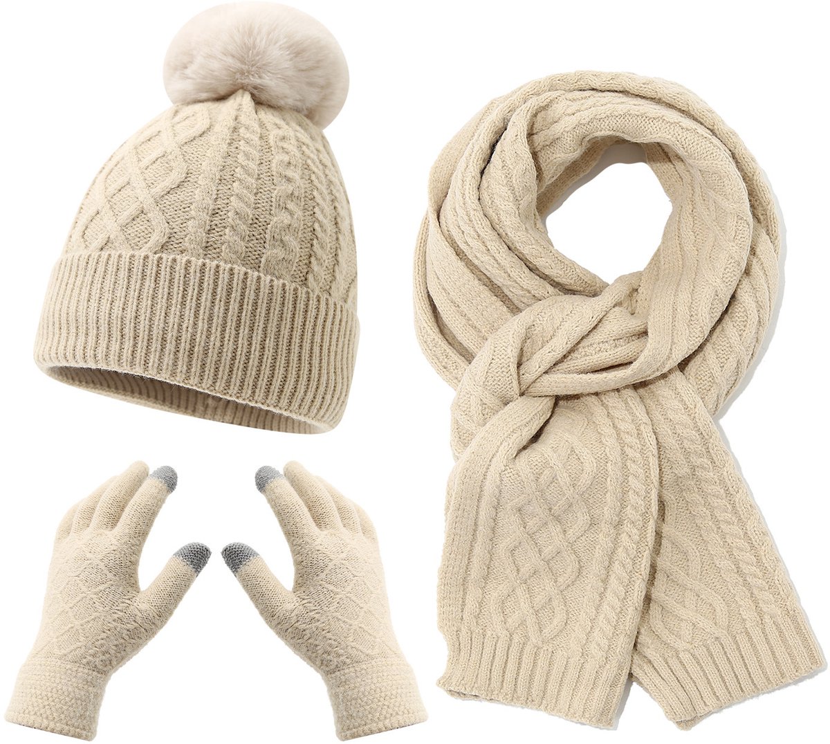 Women's Three-Piece Scarf Set - Women's Scarf - Women's Gloves - Warm Winter Hat - Solid Color - Cable Knit - Warm Hat with Fleece Lining - Knitted Hat with Pompom - Scarf - Unisex - Gloves - Beige - Image 1