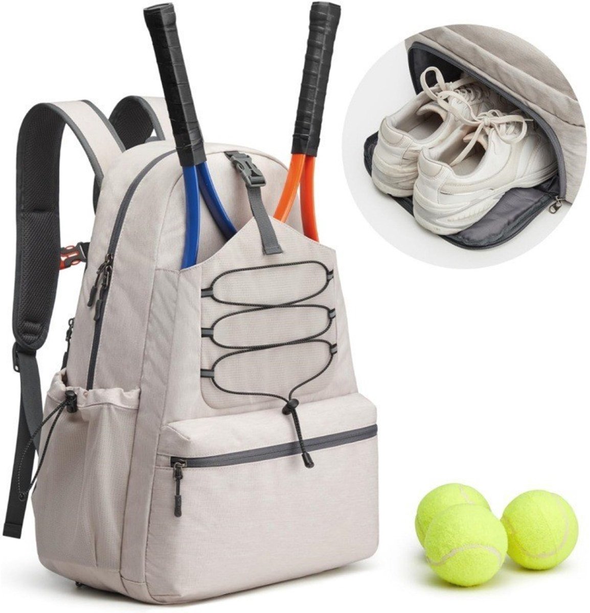 Backpack - Tennis Bag - Sports Bag - Waterproof Racket Bag - Suitable for multiple rackets with shoe compartment - Beige - Image 1